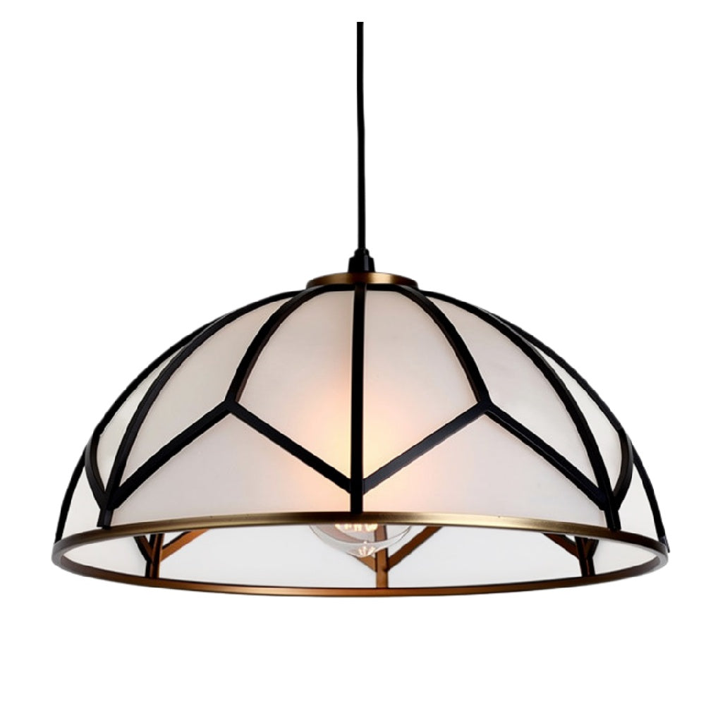 Moderne hanglamp met zwart-wit ontwerp en goudkleurige accenten